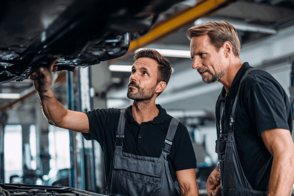 Zwei erfahrene Kfz-Mechaniker begutachten den Unterboden eines Fahrzeugs in moderner Werkstatt