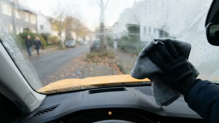 Fahrer wischt beschlagene Windschutzscheibe mit Tuch im Winter