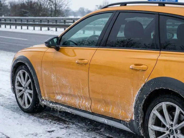 Auto mit Streusalz-Rückständen an den Seiten und Radläufen nach winterlicher Fahrt