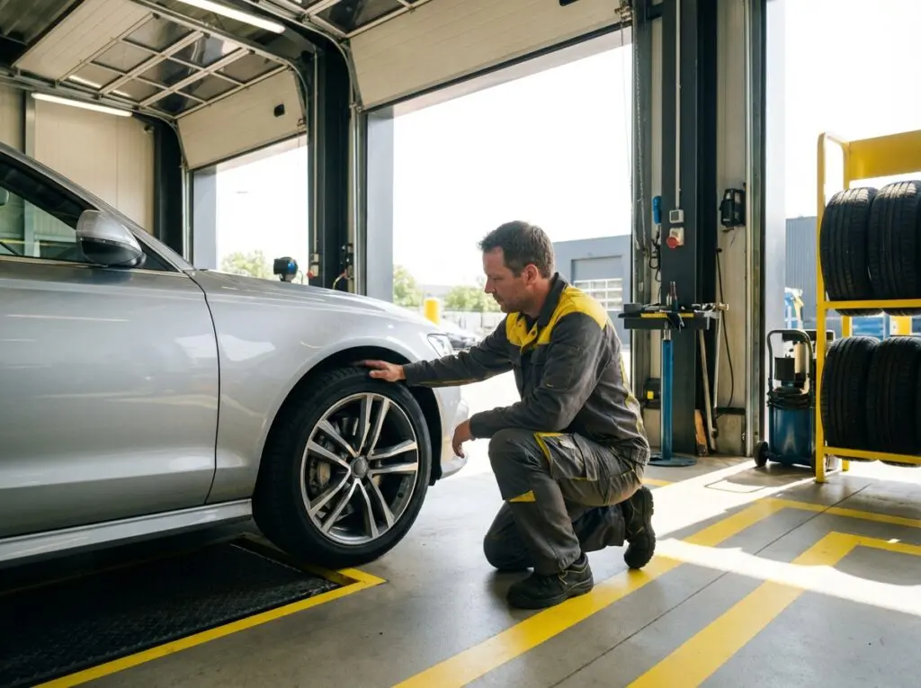 Mechaniker prüft Sommerreifen eines Fahrzeugs in heller Werkstatt in Dortmund