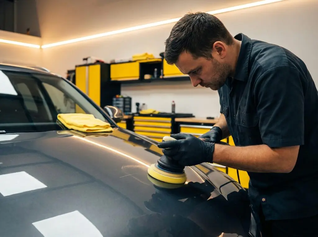 Fachkraft poliert einen oberflächlichen Kratzer auf der Motorhaube