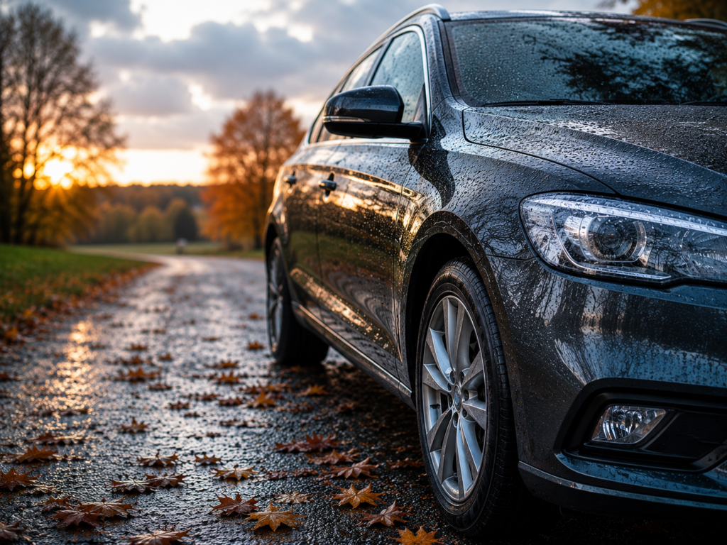 Dunkles Auto bei nassem Herbstwetter mit Regentropfen auf dem Lack und Laub auf der Straße.