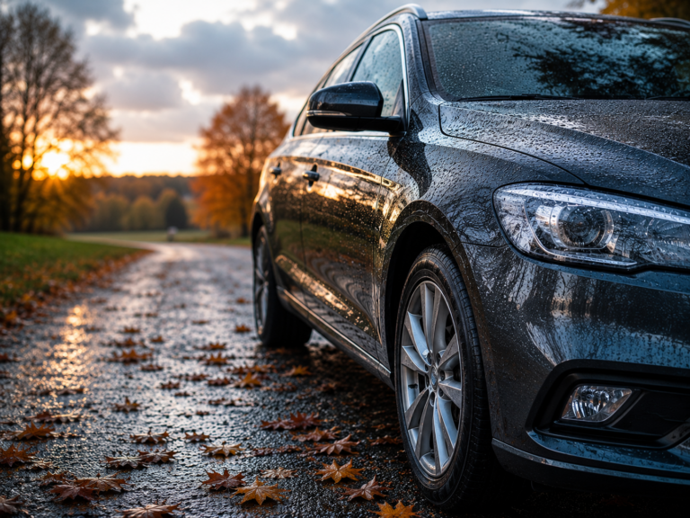 Dunkles Auto bei nassem Herbstwetter mit Regentropfen auf dem Lack und Laub auf der Straße.