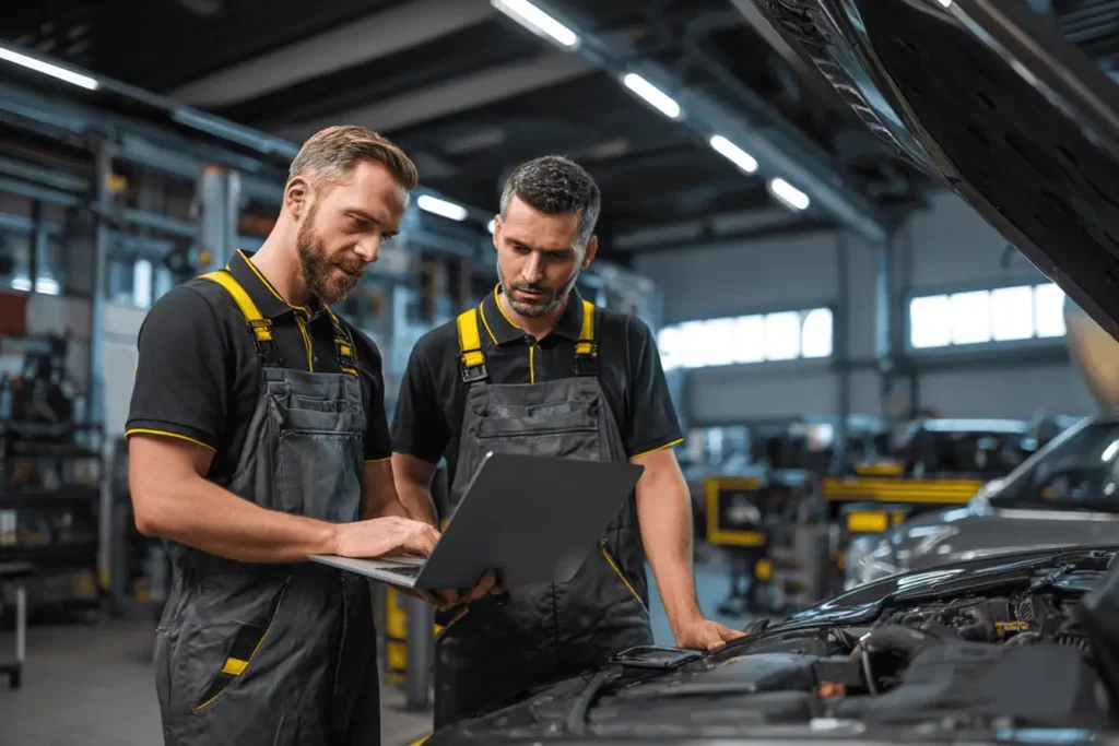 Werkstatt-Team prüft Karosserieschaden mit Laptop und Messtechnik